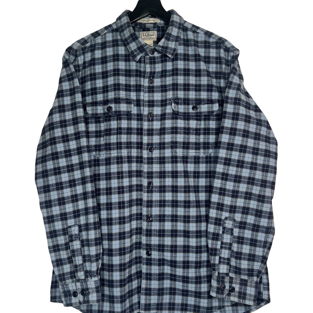 LL Bean Mens Large Blue Plaid Flannel Shirt‎ Slightly Fitted Cotton  L-REG